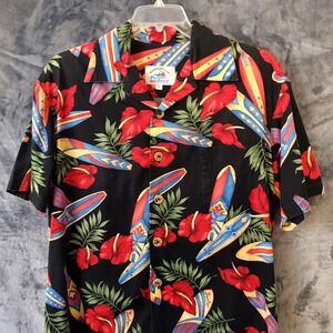 VTG Paradise On A Hanger Surfboard Floral Cotton Hawaiian Shirt Men's Small USA